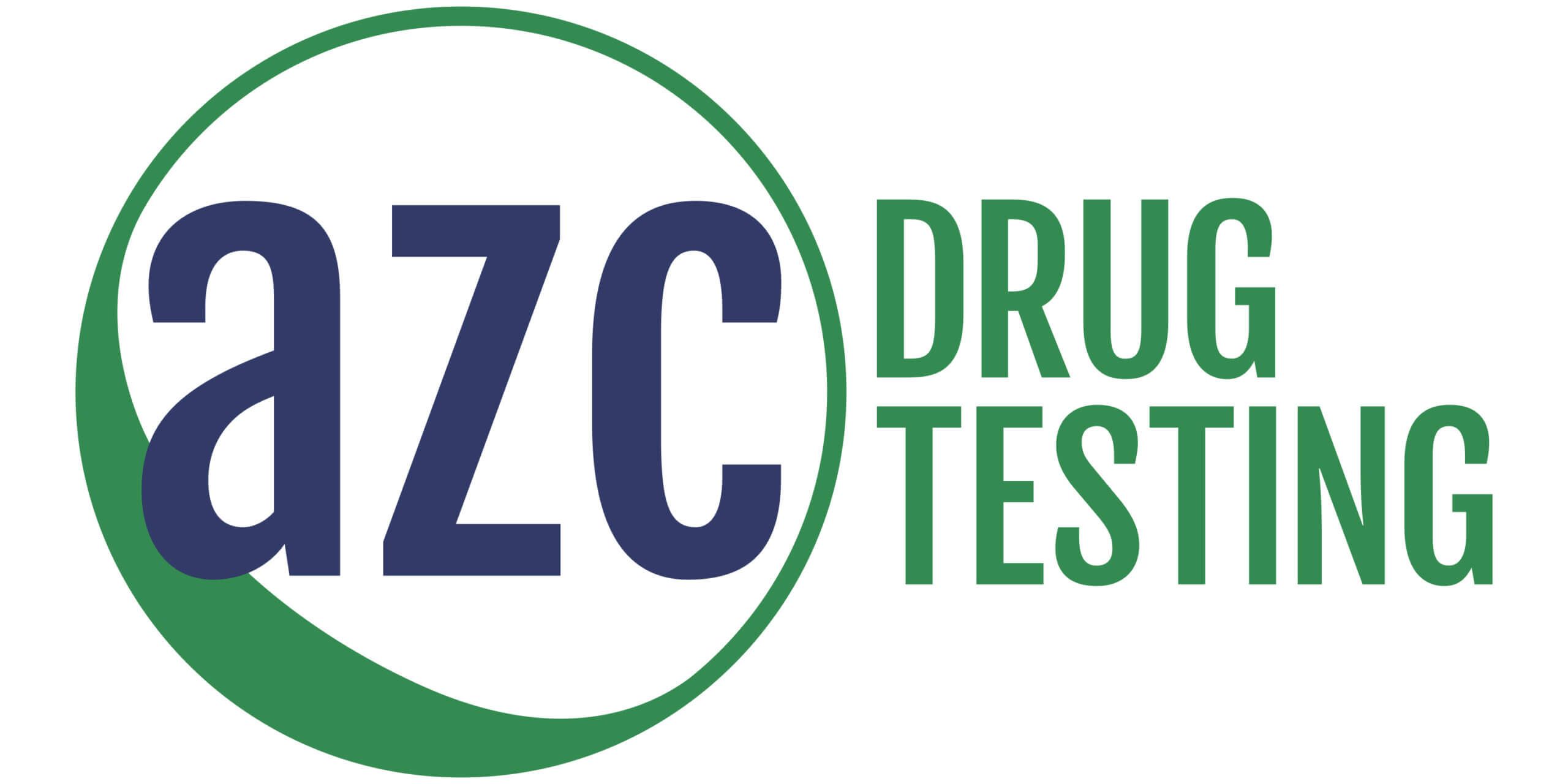 Blue and green circle with the text AZC inside next to the phrase "Drug Testing"