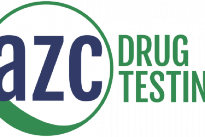 Blue and green circle with the text AZC inside next to the phrase "Drug Testing"