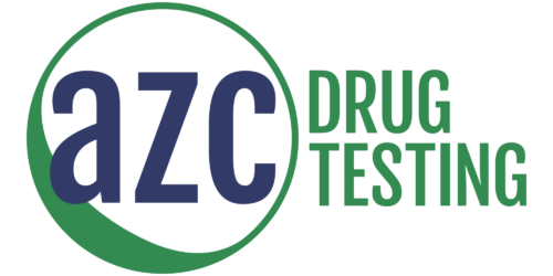 Blue and green circle with the text AZC inside next to the phrase "Drug Testing"