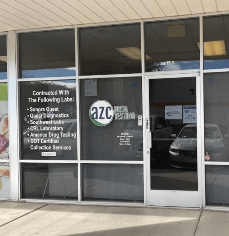 Entrance to an AZC Drug Testing clinic in a plaza