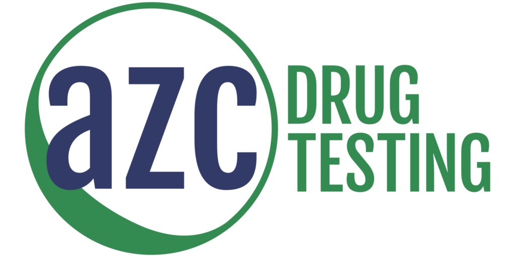 Blue and green circle with the text AZC inside next to the phrase "Drug Testing"