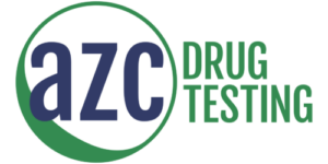 Blue and green circle with the text AZC inside next to the phrase "Drug Testing"