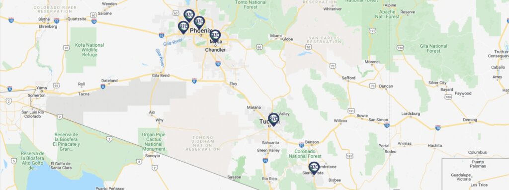 Map of Phoenix and Tucson showing the locations of AZC Drug Testing clinics