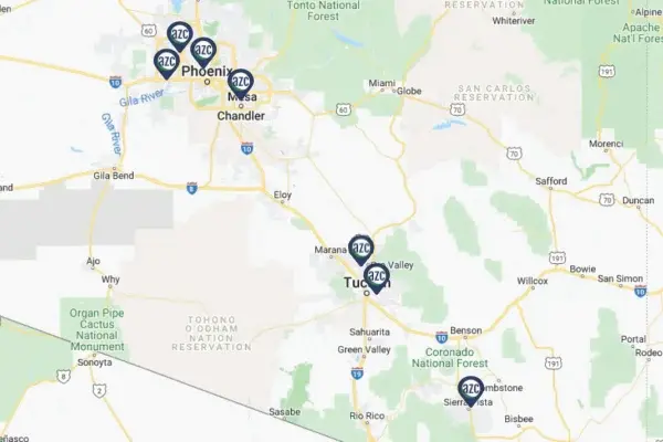 Map of Phoenix and Tucson showing the locations of AZC Drug Testing clinics