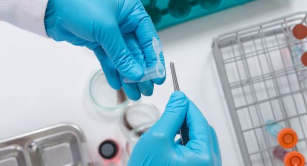 A lab technician placing a strand of hair into a test tube