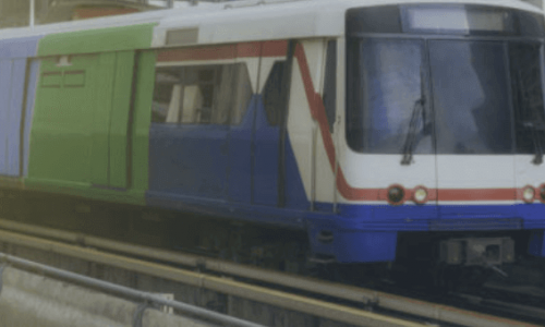 A train moving through a city