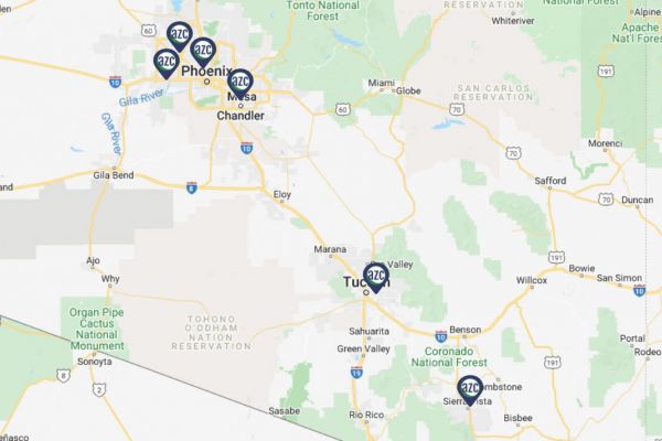 AZC Drug Testing - Collection Sites Map of Phoenix and Tucson showing the locations of AZC Drug Testing clinics