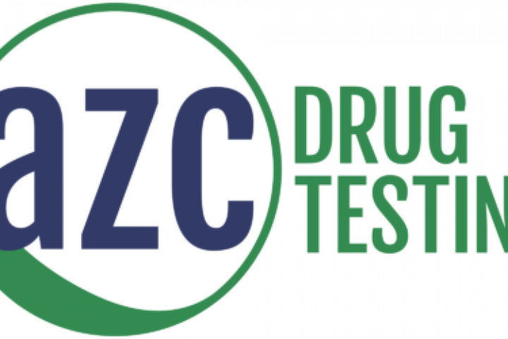 Blue and green circle with the text AZC inside next to the phrase "Drug Testing"