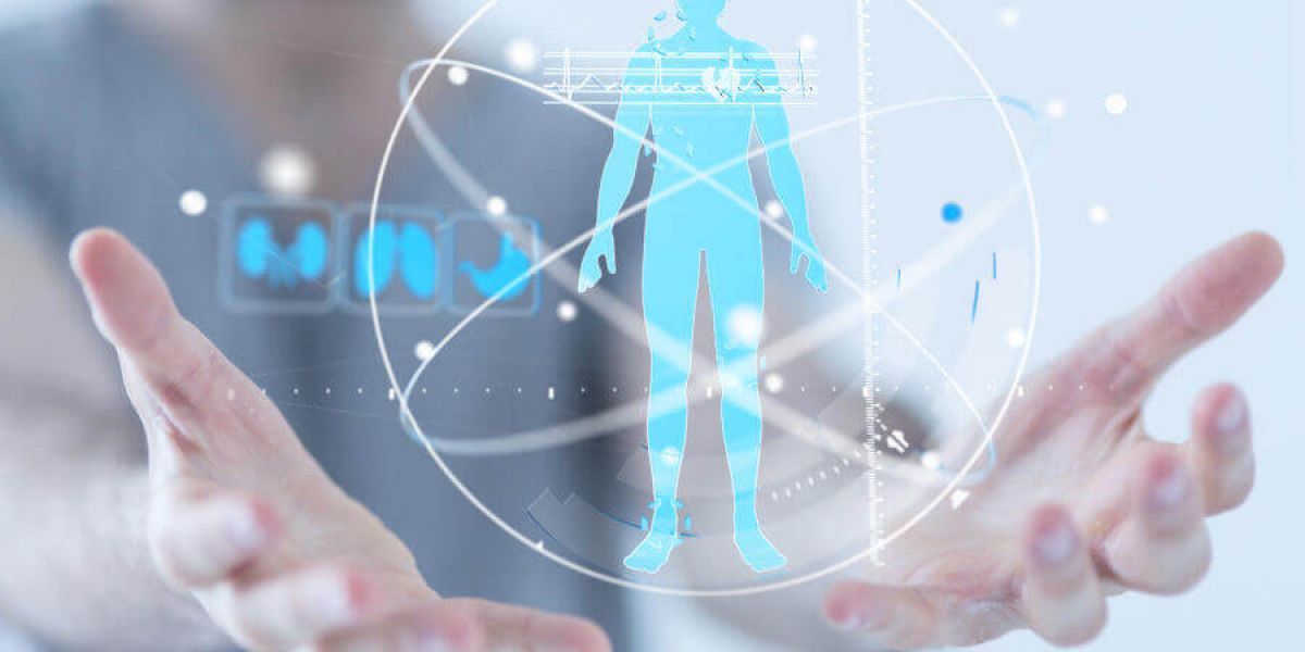 A man in scrubs holding a digital rendering of a human body