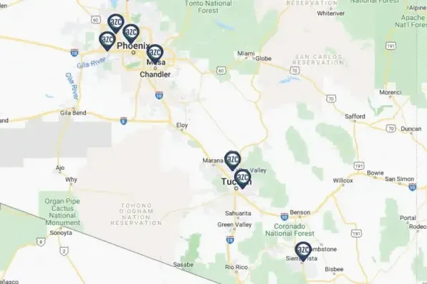 Map of Phoenix and Tucson showing the locations of AZC Drug Testing clinics