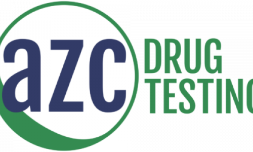 Blue and green circle with the text AZC inside next to the phrase "Drug Testing"