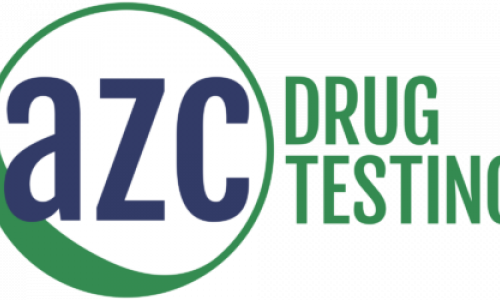 Blue and green circle with the text AZC inside next to the phrase "Drug Testing"
